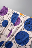 Deep Blue Casual Print Patchwork O Neck Short Sleeve Two Pieces