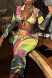 Multicolor Sexy Casual Print Frenulum V Neck Long Sleeve Two Pieces