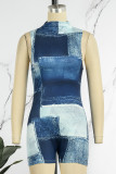 Blue Casual Print Patchwork Turtleneck Skinny Rompers
