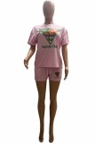 Pink Street Print Letter O Neck Short Sleeve Two Pieces
