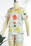 Deep Blue Casual Print Patchwork O Neck Short Sleeve Two Pieces