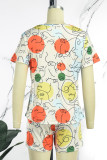 Deep Blue Casual Print Patchwork O Neck Short Sleeve Two Pieces