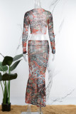 Colour Vintage Print Patchwork Mesh O Neck Long Sleeve Two Pieces