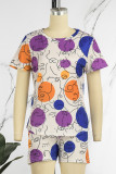 Deep Blue Casual Print Patchwork O Neck Short Sleeve Two Pieces