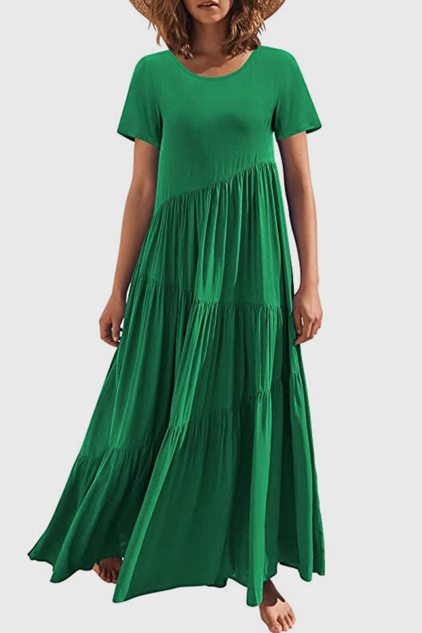Green Casual Solid Patchwork O Neck Short Sleeve Dress Dresses