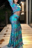 Peacock Blue Sexy Print Frenulum V Neck Long Sleeve Two Pieces
