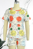 Deep Blue Casual Print Patchwork O Neck Short Sleeve Two Pieces