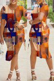Orange Casual Print Slit O Neck Short Sleeve Dress