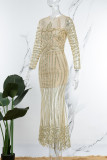 Apricot Elegant Solid Mesh Hot Drill O Neck Trumpet Mermaid Dresses