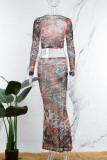 Colour Vintage Print Patchwork Mesh O Neck Long Sleeve Two Pieces