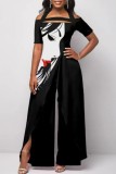 Deep Blue Casual Print Patchwork Off the Shoulder Regular Jumpsuits