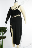 Black Sexy Solid Patchwork Backless Slit Spaghetti Strap Long Sleeve Dresses
