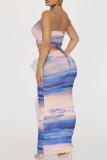 Powder Blue Sexy Print Backless Spaghetti Strap Sleeveless Two Pieces