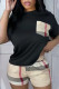 Black Casual Print Patchwork Pocket Contrast O Neck Short Sleeve Two Pieces