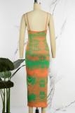 Apricot Sexy Casual Print Backless Spaghetti Strap Long Dress Dresses