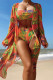Orange Sexy Print Cardigan Swimsuit Three Piece Set (With Paddings)