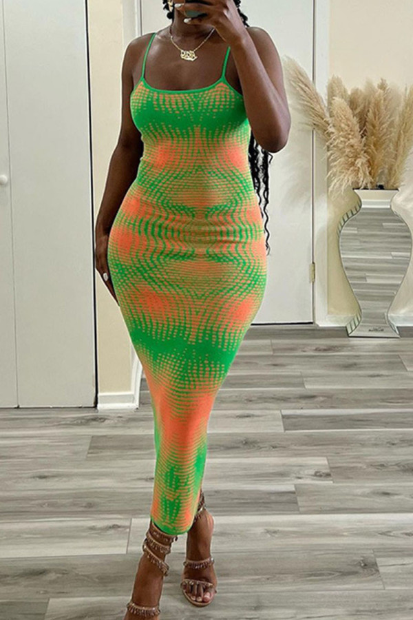 Green Elegant Print Contrast Spaghetti Strap Sling Dress Dresses