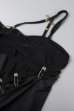 Black Sexy Solid Patchwork Backless Slit Spaghetti Strap Long Sleeve Dresses
