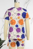 Deep Blue Casual Print Patchwork O Neck Short Sleeve Two Pieces