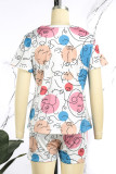 Deep Blue Casual Print Patchwork O Neck Short Sleeve Two Pieces
