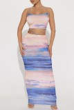 Powder Blue Sexy Print Backless Spaghetti Strap Sleeveless Two Pieces