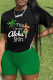 Black Green Street Print Patchwork O Neck Short Sleeve Two Pieces