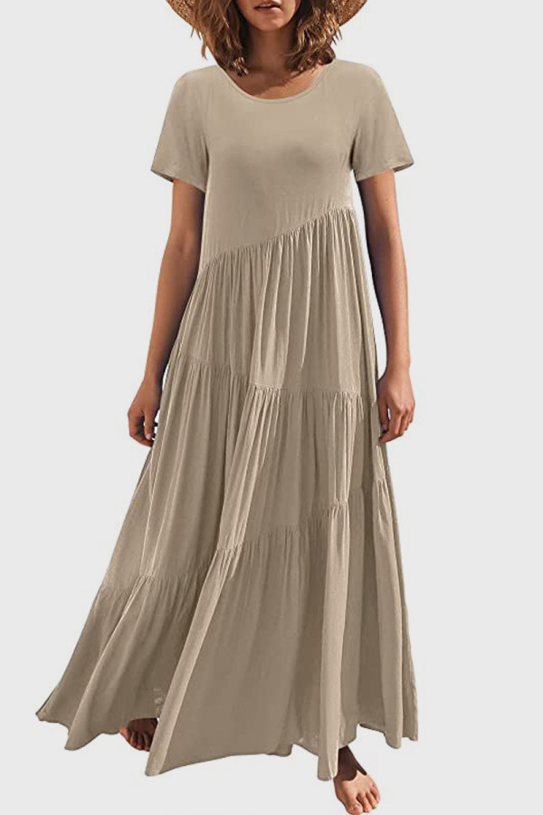 Khaki Casual Solid Patchwork O Neck Short Sleeve Dress Dresses