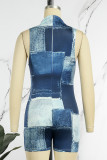 Blue Casual Print Patchwork Turtleneck Skinny Rompers