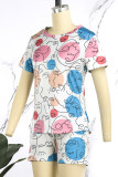 Deep Blue Casual Print Patchwork O Neck Short Sleeve Two Pieces