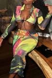 Multicolor Sexy Casual Print Frenulum V Neck Long Sleeve Two Pieces
