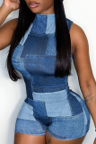 Blue Casual Print Patchwork Turtleneck Skinny Rompers