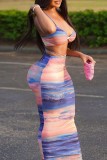 Powder Blue Sexy Print Backless Spaghetti Strap Sleeveless Two Pieces