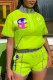 Fluorescent Green Casual Print Patchwork Letter Zipper Collar Short Sleeve Two Pieces