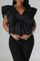 Black Casual Sweet Solid Patchwork Flounce V Neck T-Shirts