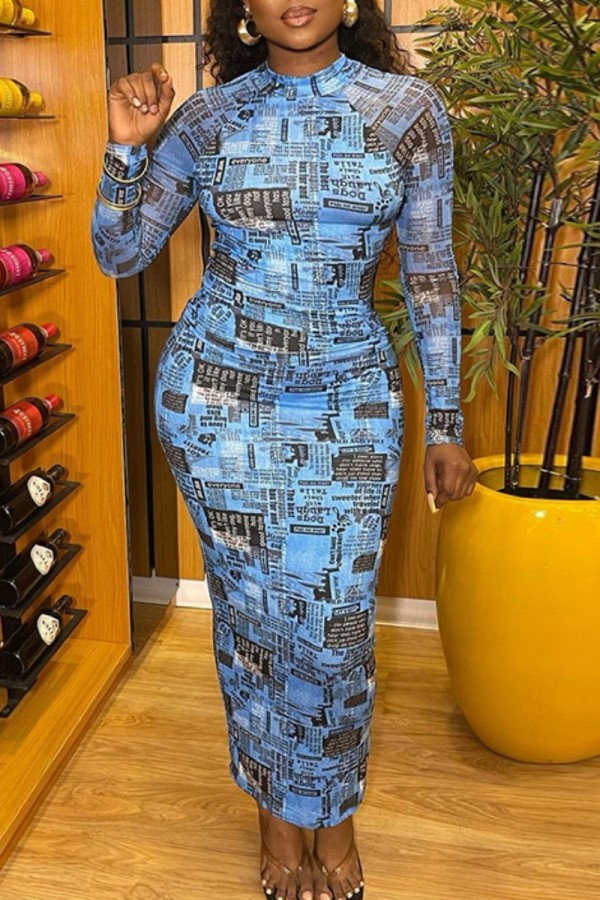 Blue Casual Print Patchwork Half A Turtleneck Long Sleeve Dresses