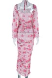 Pink Sexy Casual Print Fold Square Collar Long Sleeve Dresses