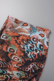 Colour Vintage Print Patchwork Mesh O Neck Long Sleeve Two Pieces