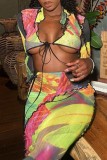 Multicolor Sexy Casual Print Frenulum V Neck Long Sleeve Two Pieces