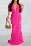 Red Casual Solid Patchwork Backless V Neck Long Dress Dresses