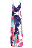 Leaf Print Sweet Print Floral Patchwork Backless Spaghetti Strap A Line Dresses
