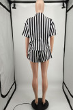 Black Casual Striped Print Patchwork Turndown Collar Short Sleeve Two Pieces