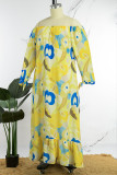 Yellow Casual Print Backless Off the Shoulder Long Sleeve Dresses
