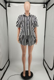 Black Casual Striped Print Patchwork Turndown Collar Short Sleeve Two Pieces