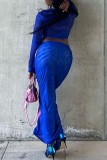 Powder Blue Sexy Casual Print See-through O Neck Long Sleeve Two Pieces