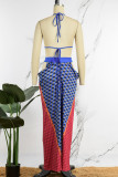Blue Sexy Print Bandage Hollowed Out Patchwork Backless Halter Sleeveless Two Pieces