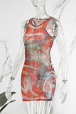 Orange Sexy Print Basic O Neck Vest Dress Dresses