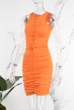 Orange Red Sexy Casual Solid Hollowed Out Fold O Neck Sleeveless Dress Dresses