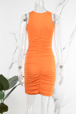Orange Red Sexy Casual Solid Hollowed Out Fold O Neck Sleeveless Dress Dresses