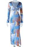 Blue Sexy Print Hollowed Out V Neck Long Sleeve Dresses