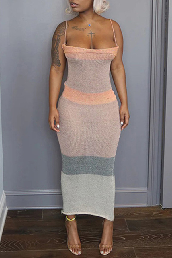 Pink Sexy Striped Bandage Backless Contrast Spaghetti Strap Dresses